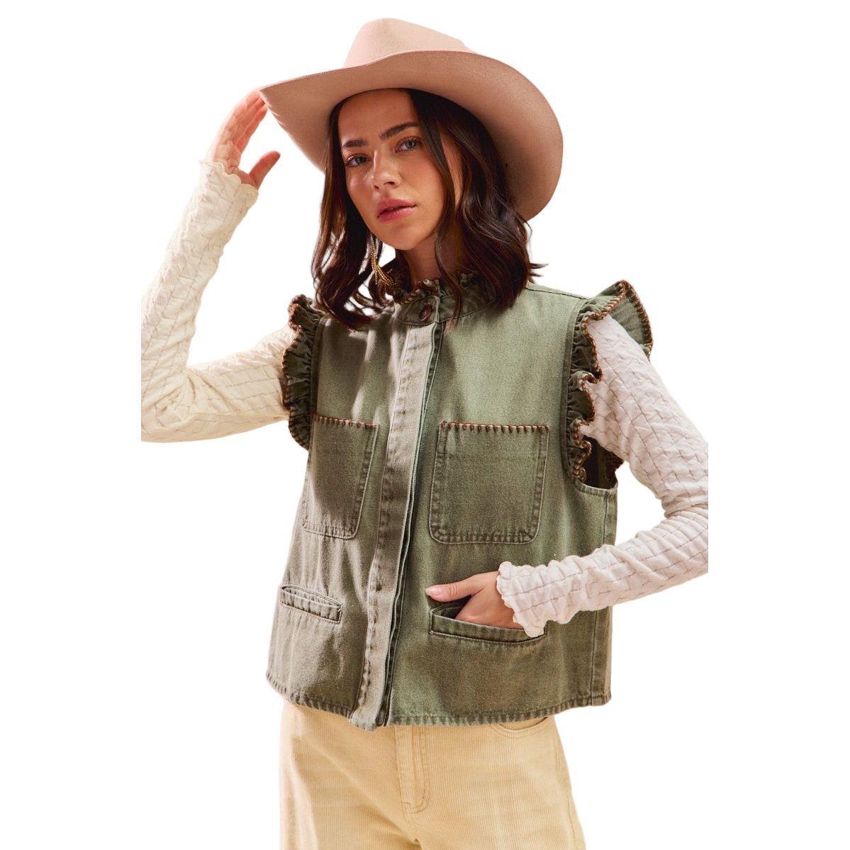 Women's Olive Washed Denim Stitch Ruffled Hidden Button Vest Top