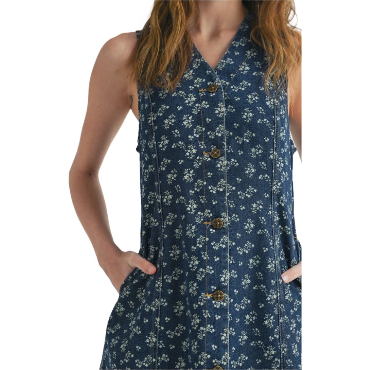 Women's Floral Ditsy Print Denim Button-front Dress CD25910 - Crazy House Western Wear