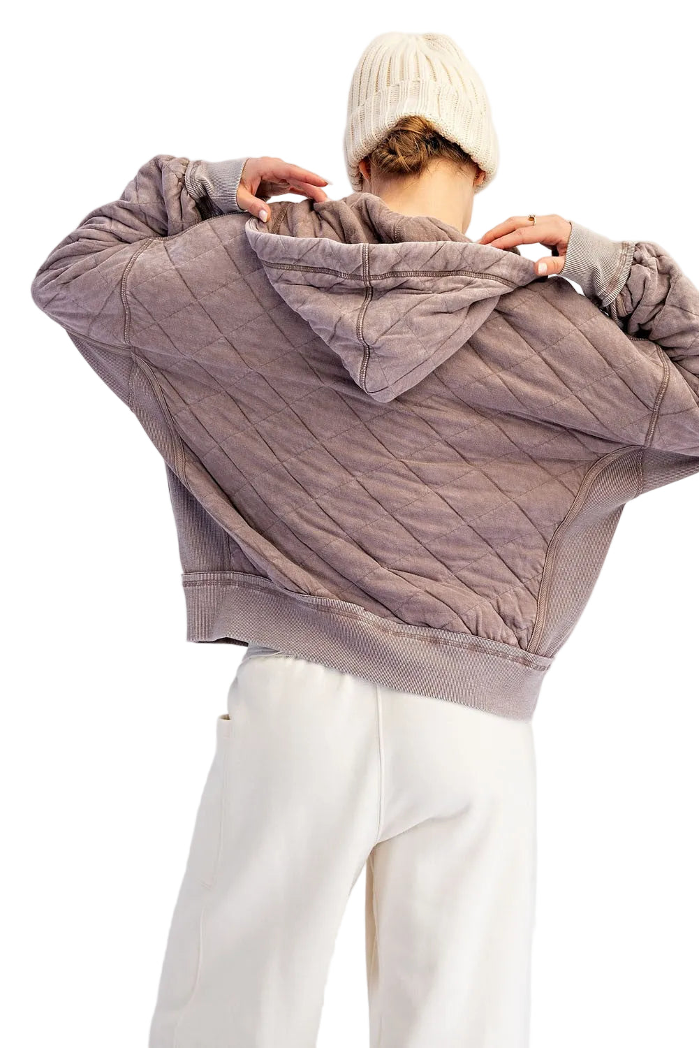 Rae Mode Women's Mocha Mineral Washed Quilt Quarter Zip Hoodie