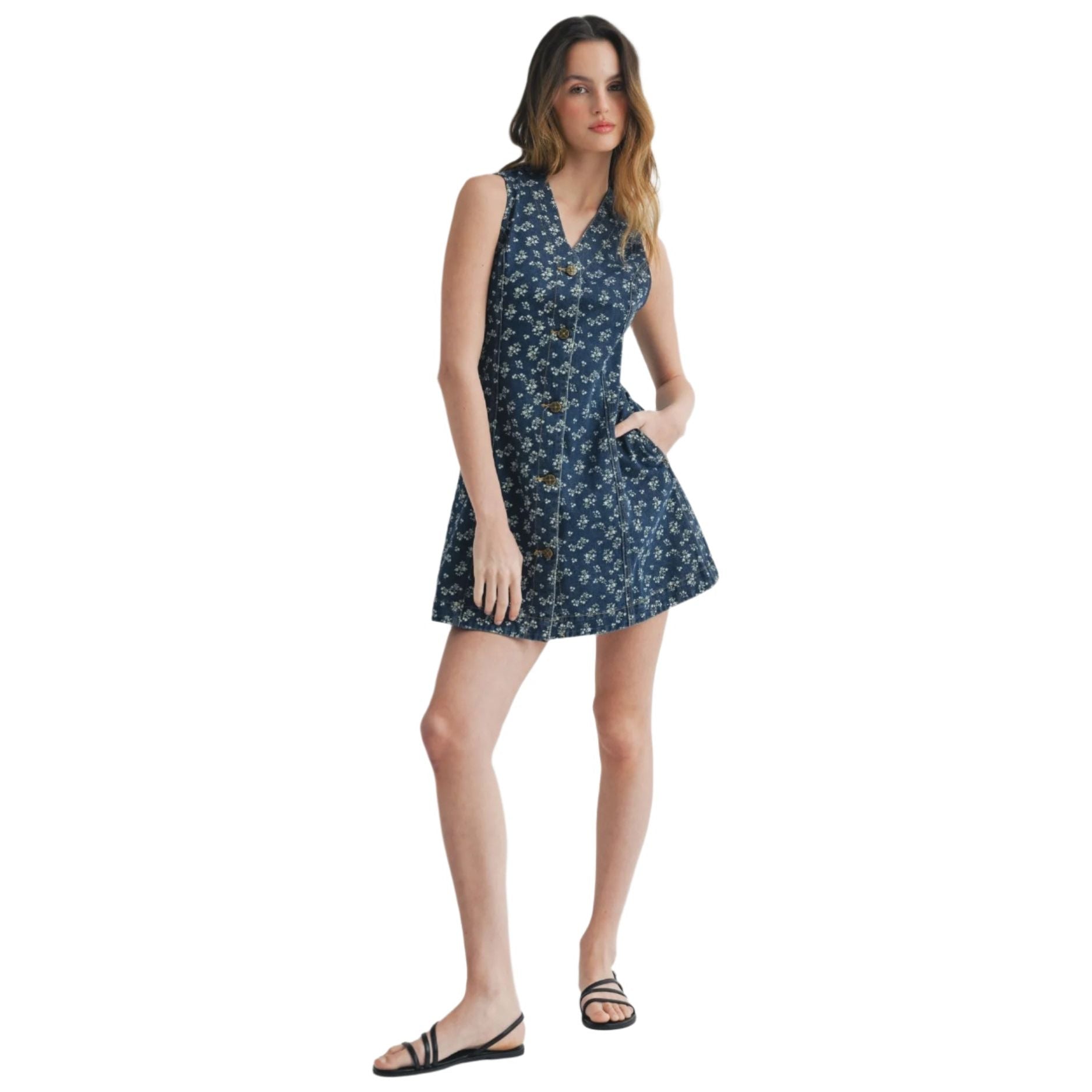 Women's Floral Ditsy Print Denim Button-front Dress CD25910 - Crazy House Western Wear