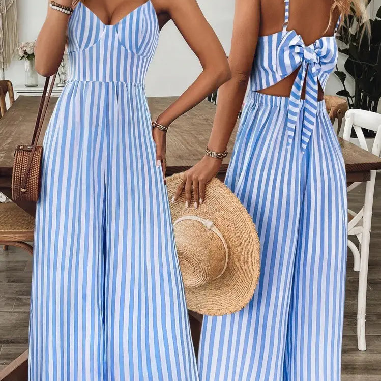 Women's Blue and White Striped Boho Summer Bow Backless Jumpsuit