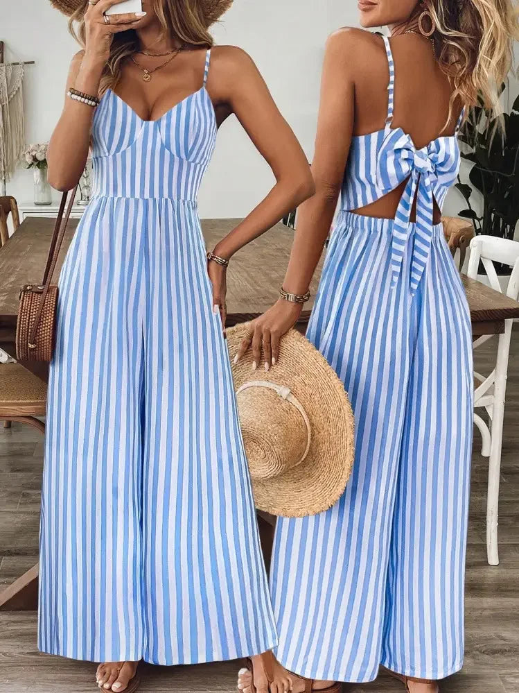 Women's Blue and White Striped Boho Summer Bow Backless Jumpsuit