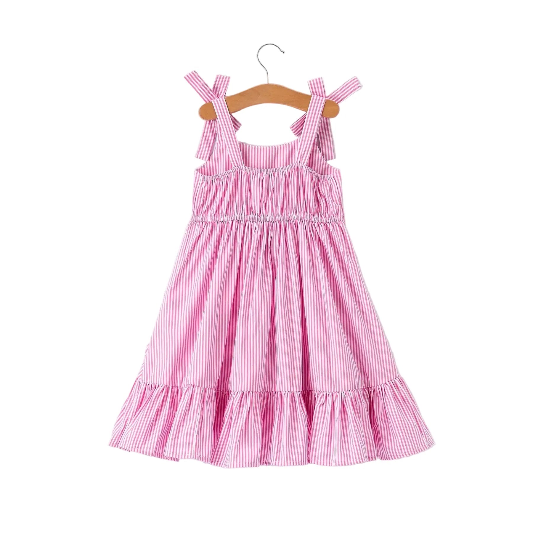 Girl's Youth Pink Striped Ruffle Bow Dress
