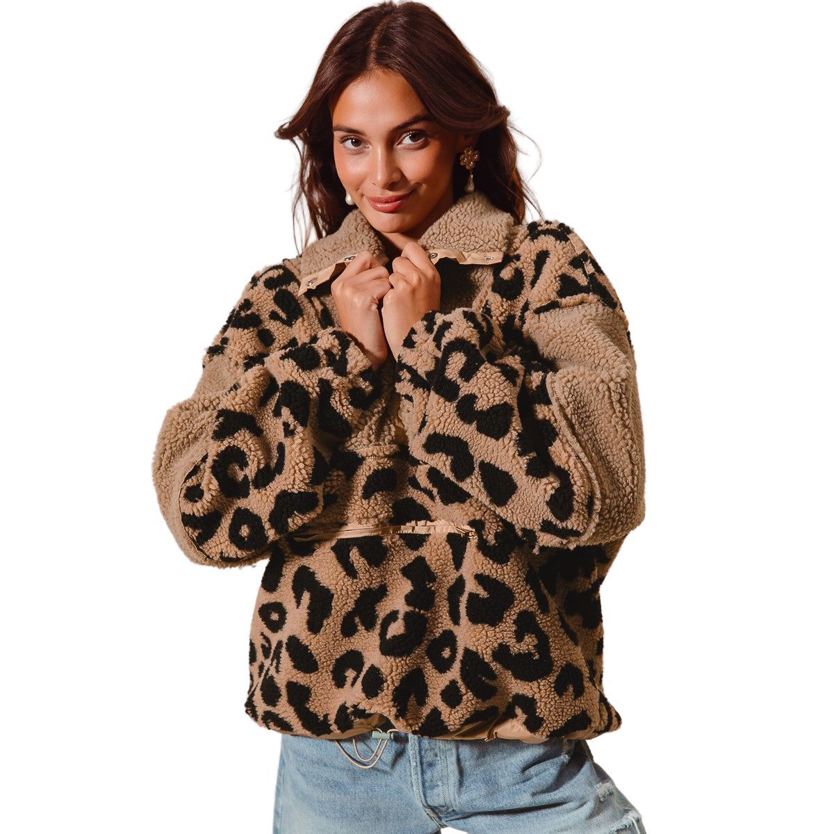 Women's Leopard Fleece Block Pullover Top With Pockets