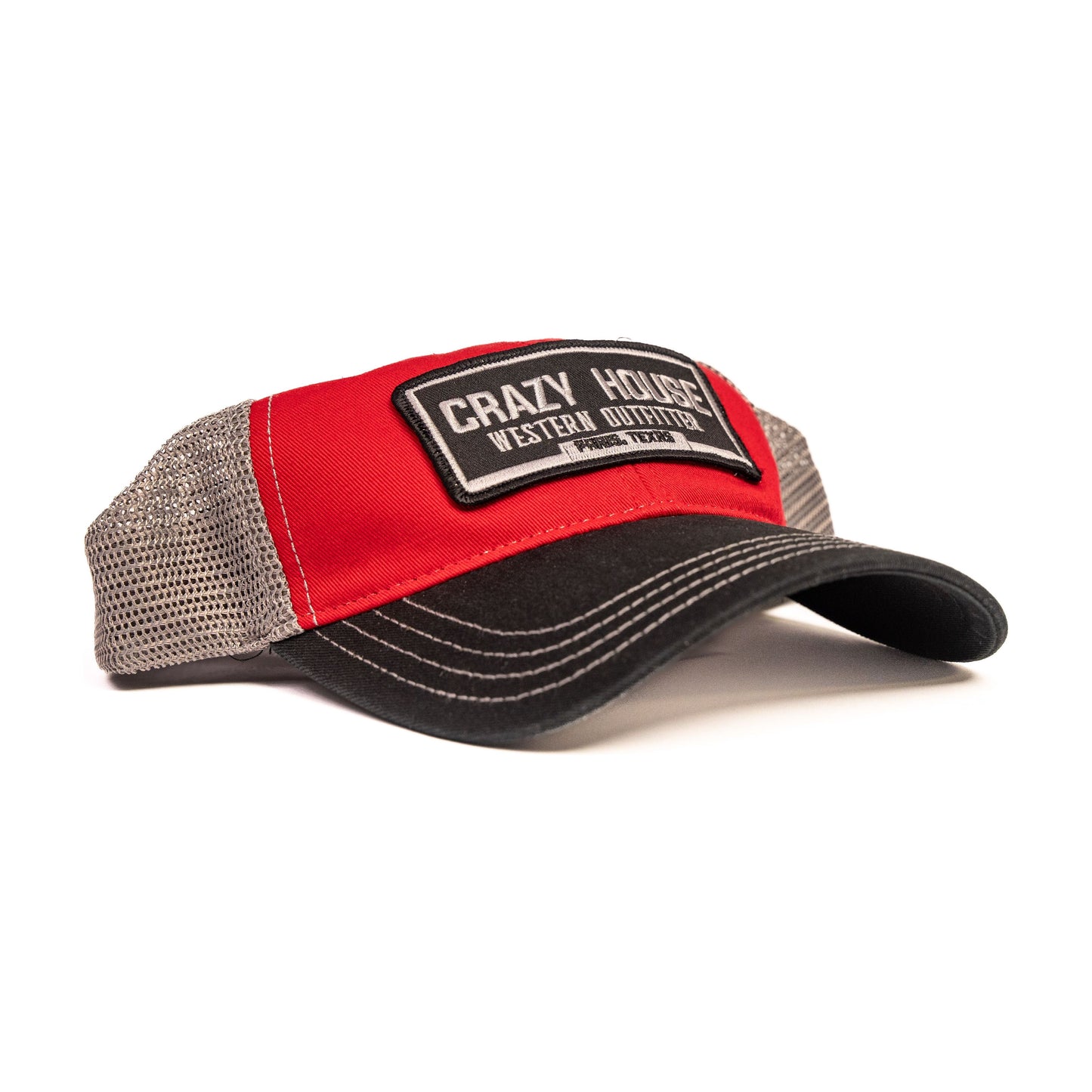 Red and Black Mesh Trucker Cap with Outfitter Patch - Crazy House Western Wear