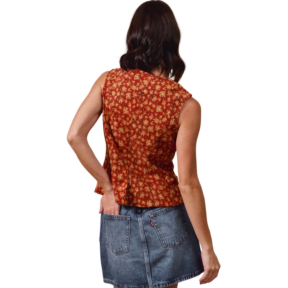 Women's Slim Fit Button Front Floral Corduroy Vest Top ST2710F-05