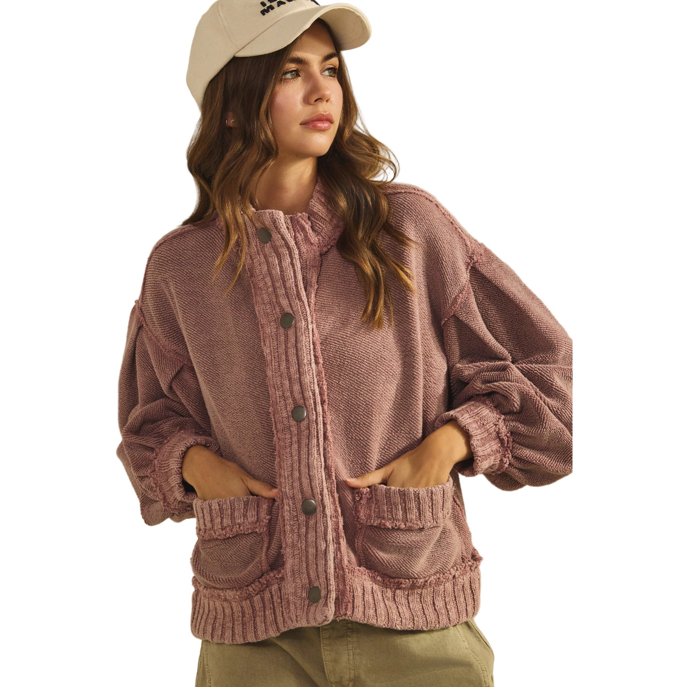 Women's Washed Vintage Ribbed Knit Trim Cardigan Jacket DJ3019-01