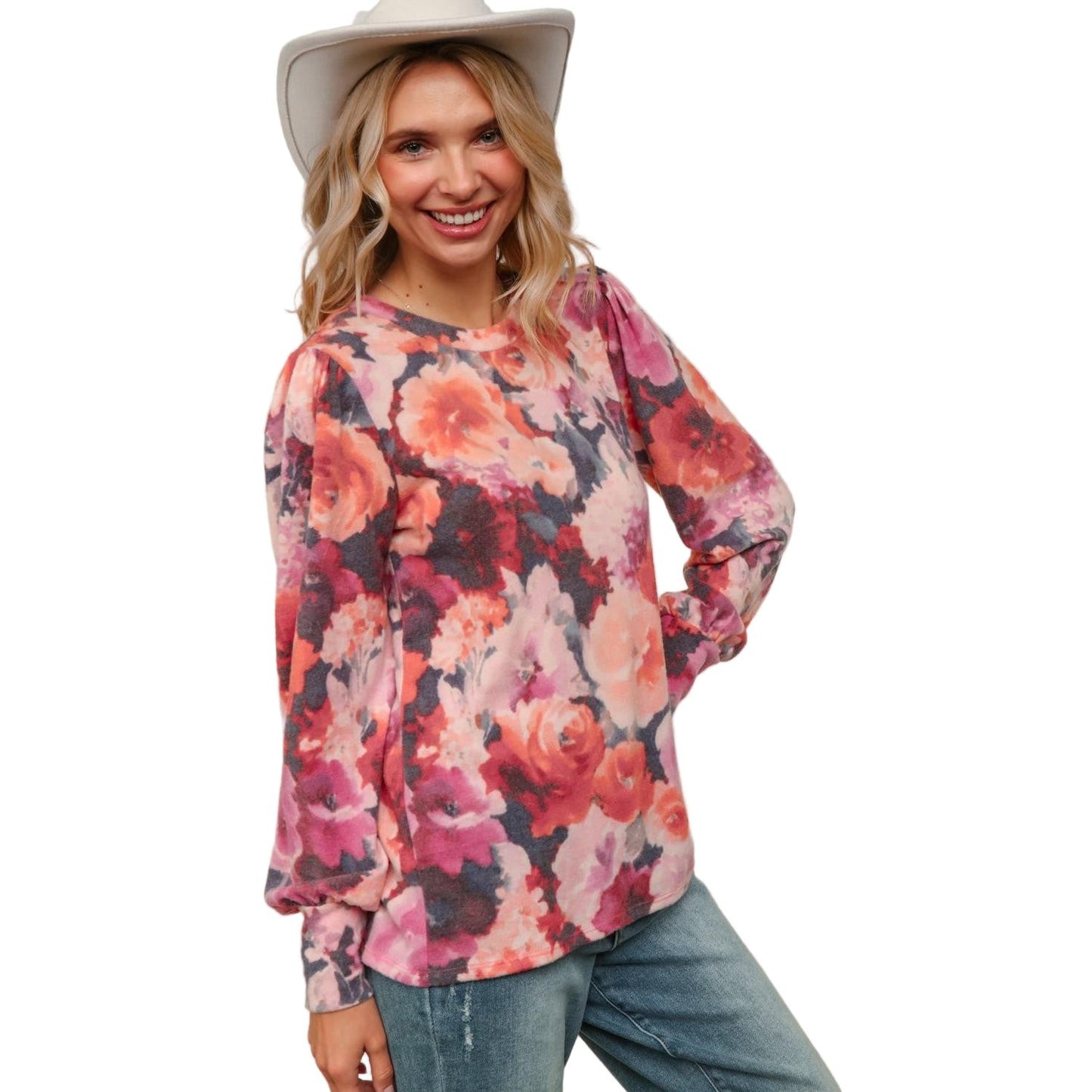 Women's Plus Round Neck Floral Brushed Hacci Knit Top HT4487DX