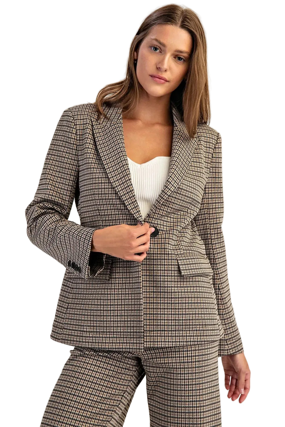 ee:some Women's Brown Hazel Houndstooth Pattern Long Sleeve Blazer