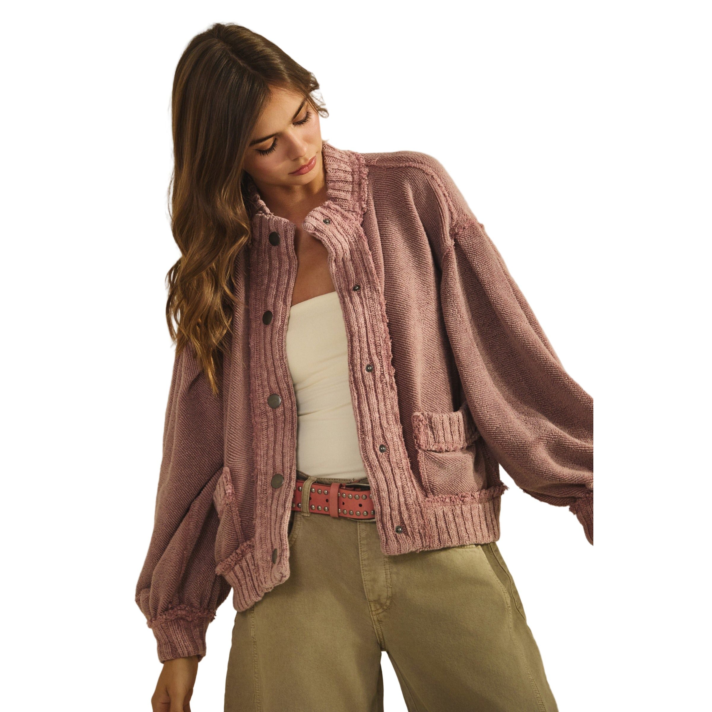 Women's Washed Vintage Ribbed Knit Trim Cardigan Jacket DJ3019-01