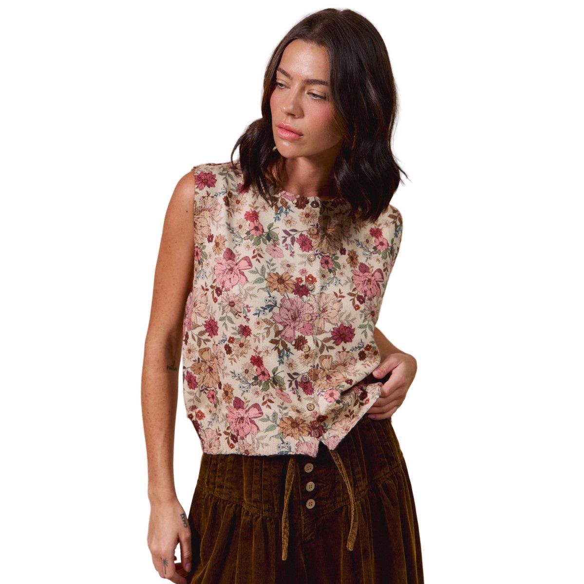 Women's Floral Print Button Sweater Vest