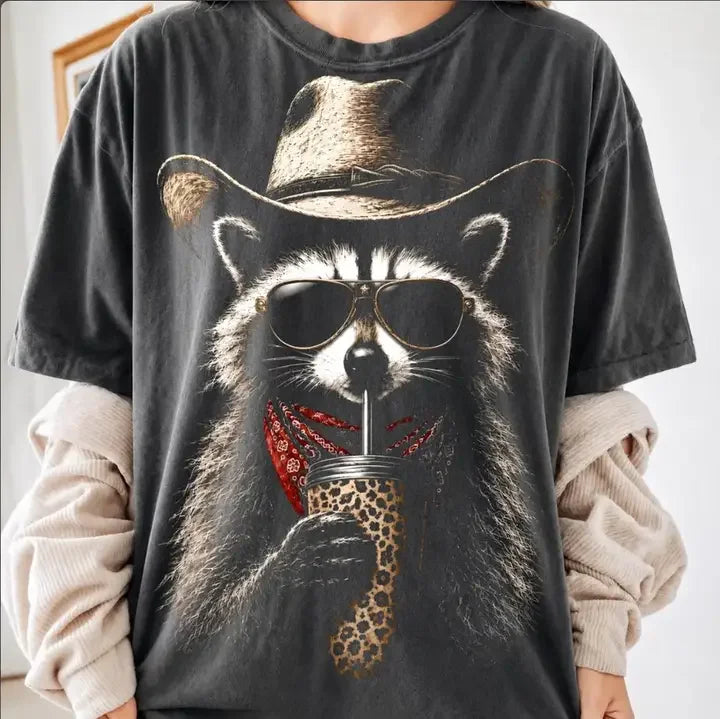 Women's Short Sleeve Gray Western Raccoon Graphic T-shirt