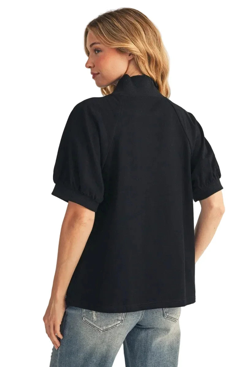 Women's Jodifl Black Rib Contrast V Neck Solid Top