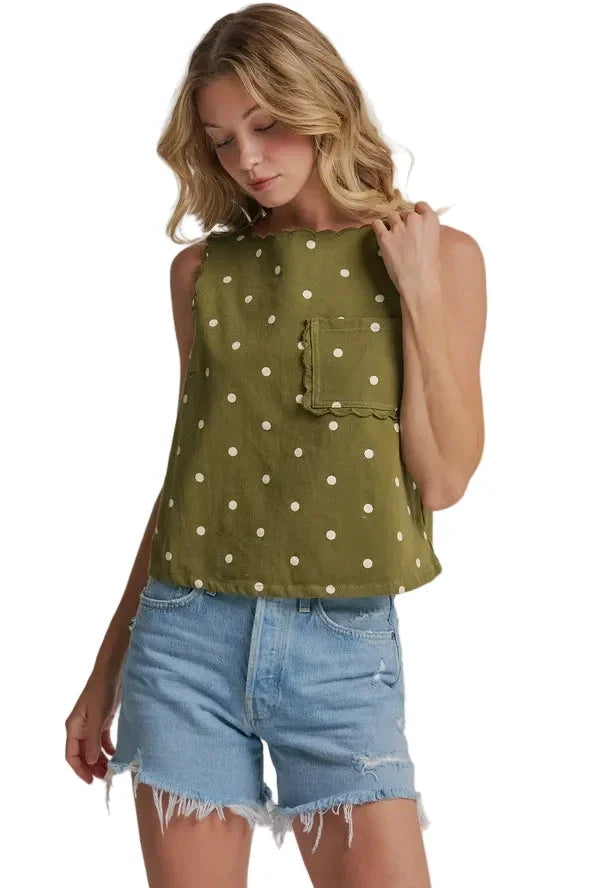 Women's Olive/Cream Polka Dot Twill Top with Patch Pocket