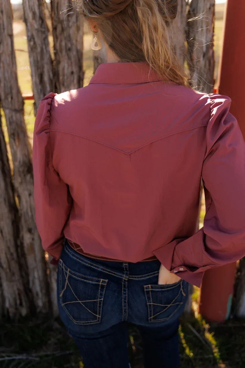 Howdy Hanny Women's Wine Long Sleeve Performance Snap Shirt