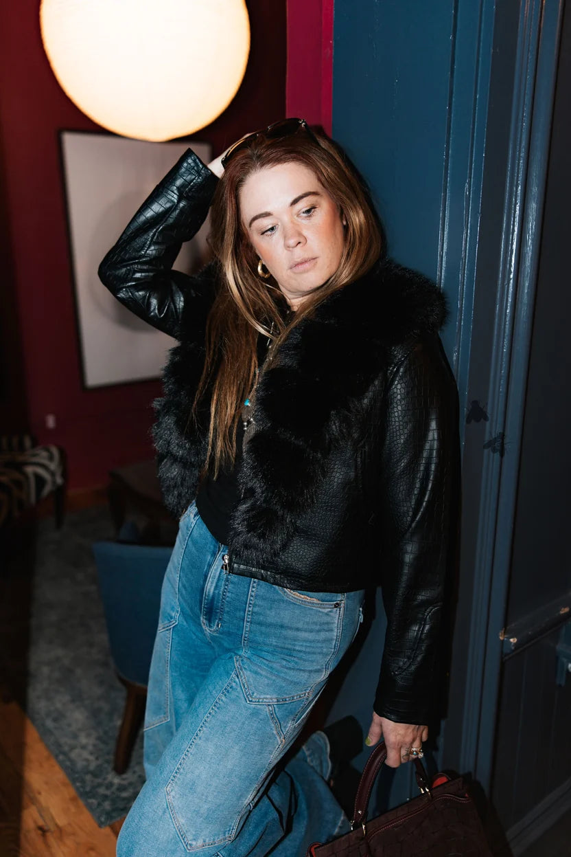 TwoFly Women's Black Fur Crop Jacket