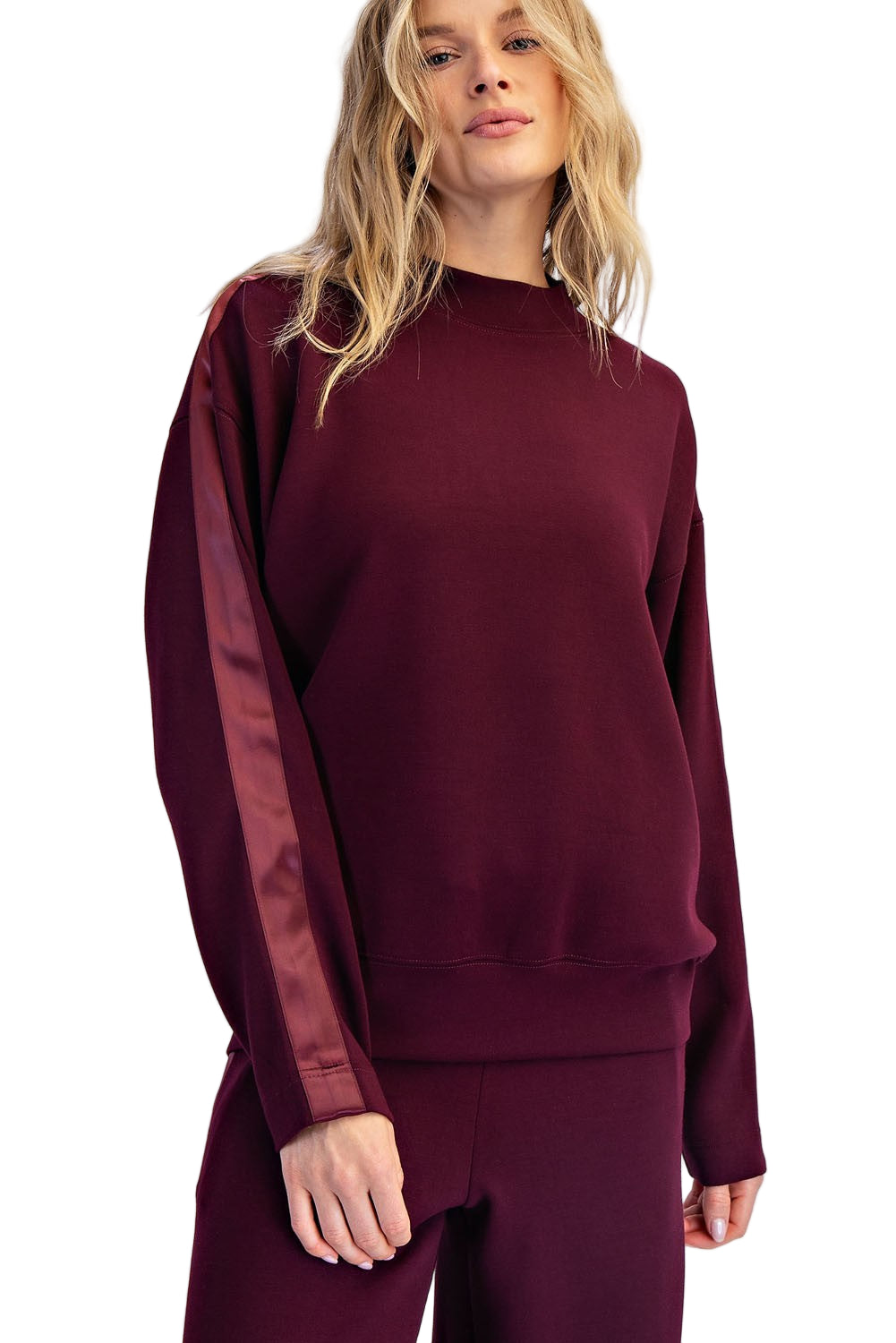 Women's Rae Mode Scuba Luxe Satin Crew Neck Pullover T0068