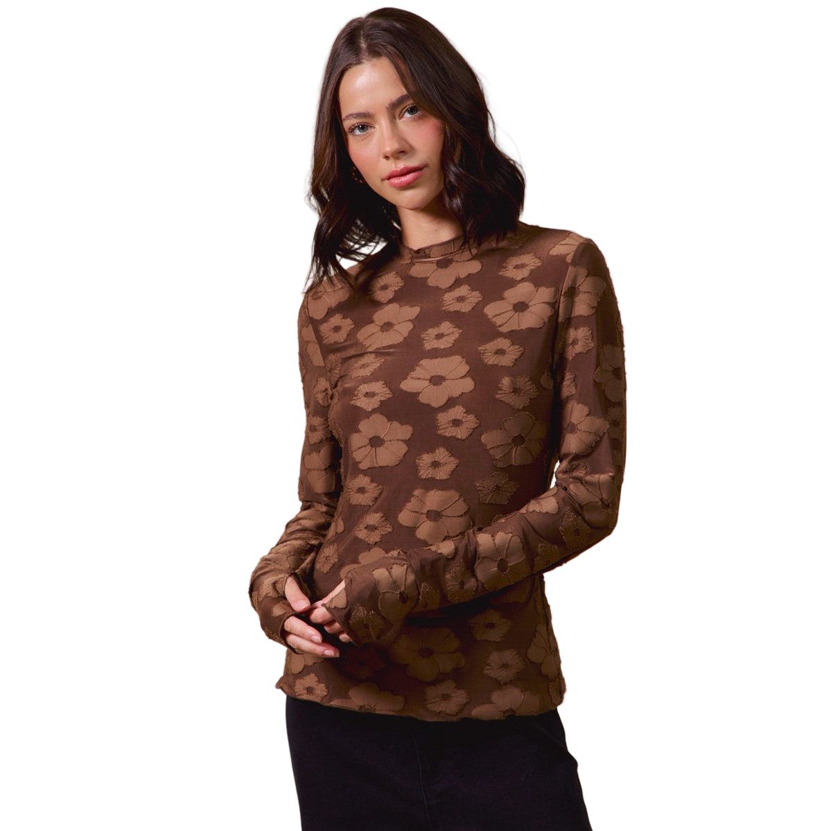 Women's Brown Floral Stretched Jacquard Top