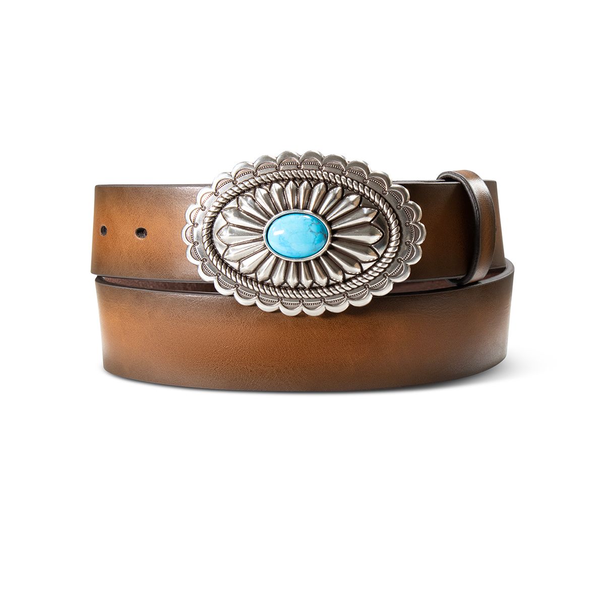 Men's Ariat Brown Leather Belt with Silver and Turquoise Buckle A1512002