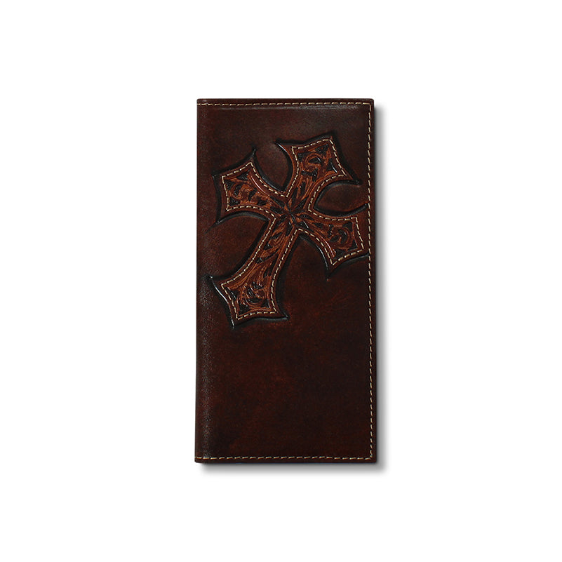 Men's Ariat Brown Rodeo Style Genuine Leather Wallet with Cross A3551402 - Crazy House Western Wear