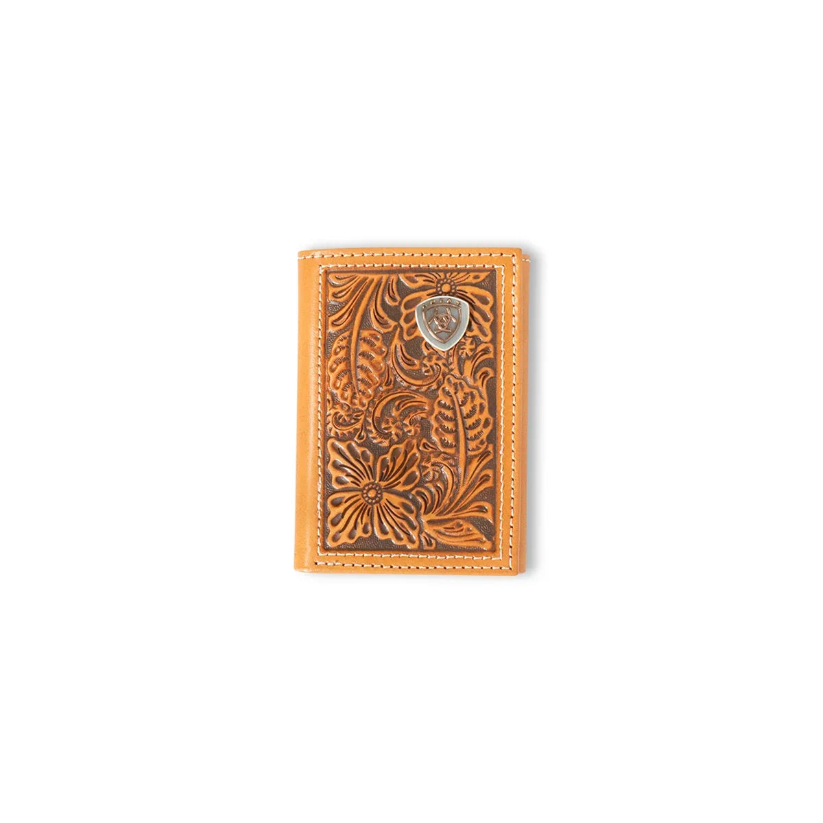 Ariat Men's Light Brown Tan Floral Tooled Trifold Wallet A3559948