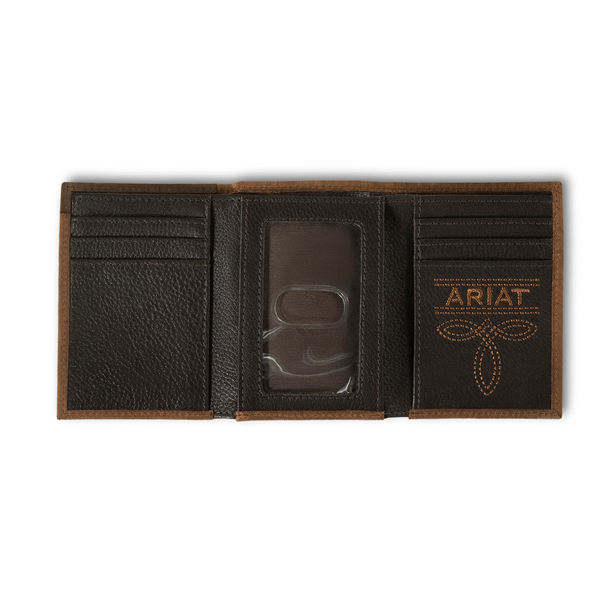 Men's Ariat Rowdy Brown Genuine Leather Trifold Style Wallet A35621282 - Crazy House Western Wear