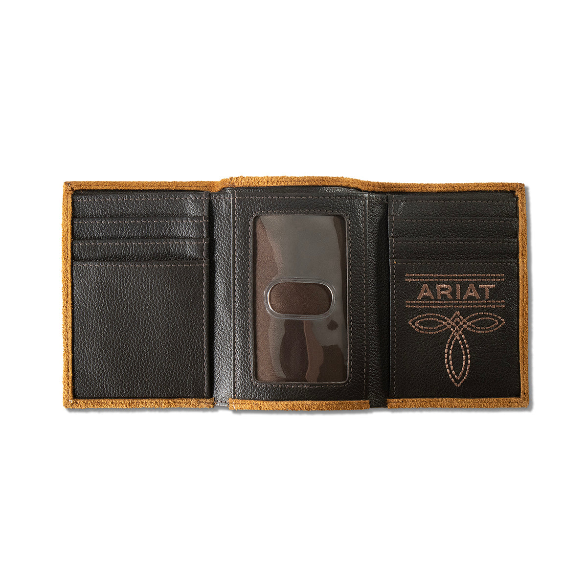 Men's Ariat Tan Trifold Style Tooled Overlay Wallet A3565108 - Crazy House Western Wear