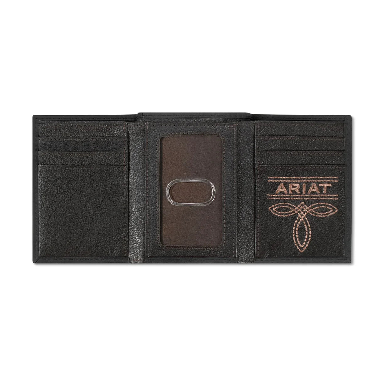 Ariat Men's Black Leather Trifold Wallet with Brown Flag Patch