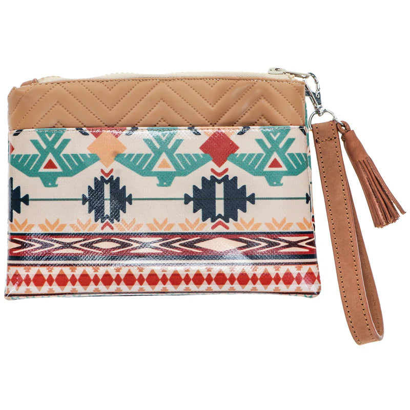 Women's "Thunderbird" Tan and NAvy Chevron and Striped Pattern Arena Wristlet HPW004-TNNV - Crazy House Western Wear