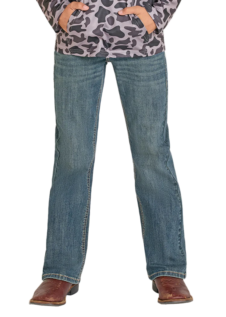 Boy's Rock and Roll Denim Regular Fit Pleather Stitch Bootcut Jeans BB0BD08052