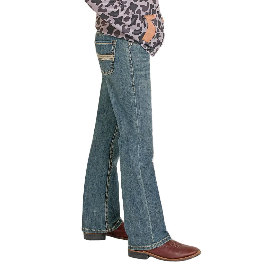 Boy's Rock and Roll Denim Regular Fit Pleather Stitch Bootcut Jeans BB0BD08052