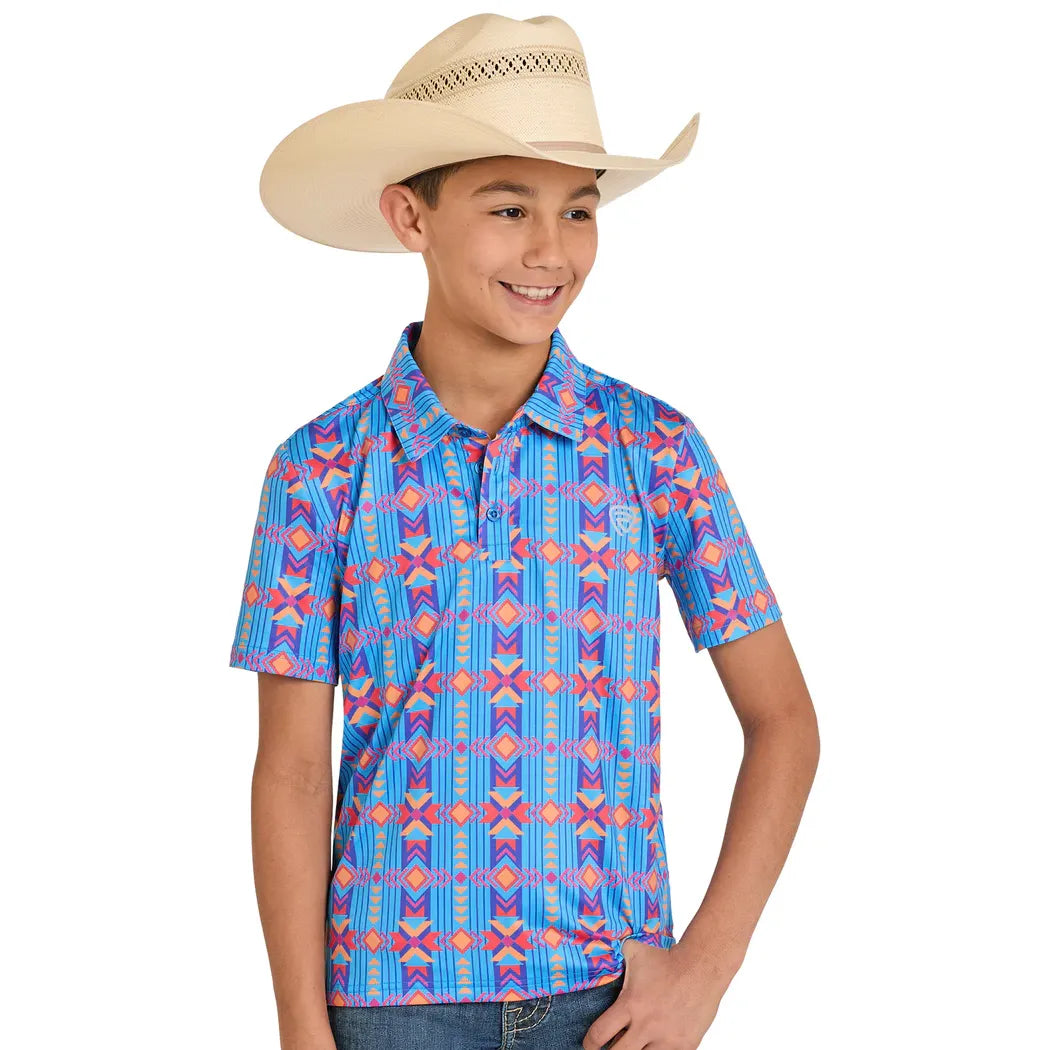 Boy's Rock and Roll Denim Vertical Southwestern Print Polo BB51T08340