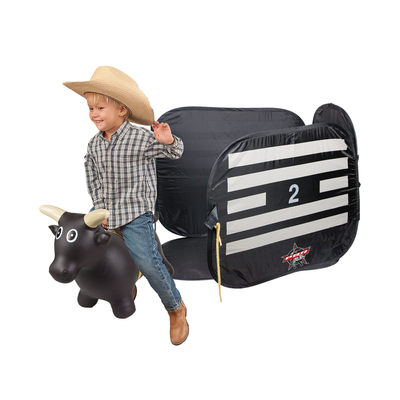 Child in cowboy hat with inflatable bull and backpack on white background