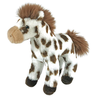 Plush toy horse with brown and white pattern on a white background