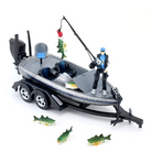 Toy fishing boat with figures and accessories on a white background