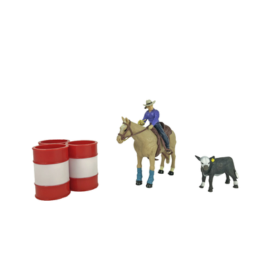 Model of a cowboy on horseback with a cow and two barrels on a white background