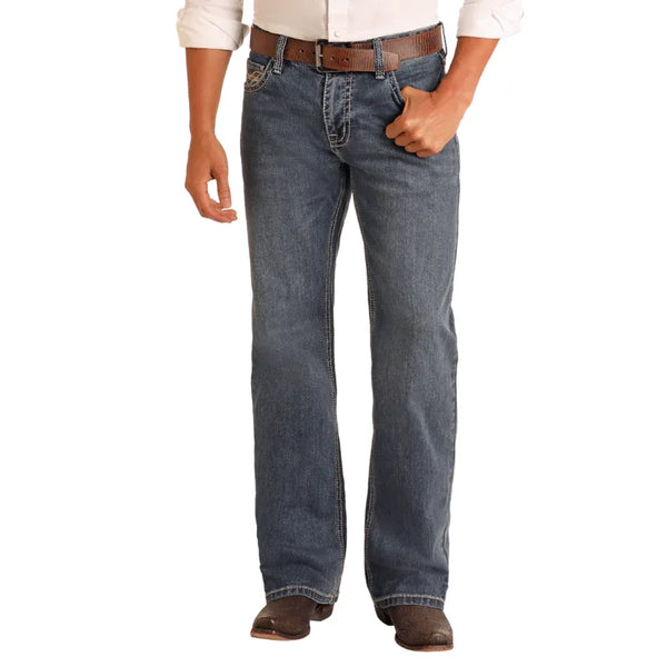 Men's Rock and Roll Denim Relaxed Fit Feather Stitch Bootcut Jeans