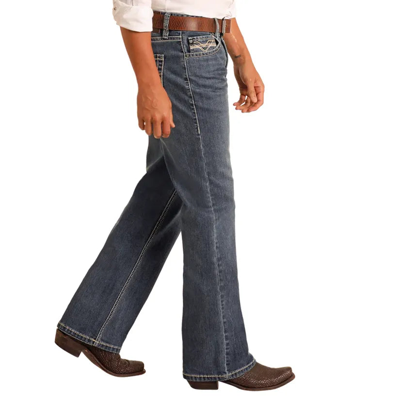 Men's Rock and Roll Denim Relaxed Fit Feather Stitch Bootcut Jeans BM0DD06122 - Crazy House Western Wear