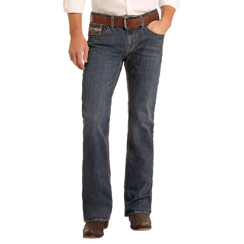 Men's Rock and Roll Denim Regular Fit Dark Wash Ladder Stitch Bootcut Jeans BM0PD05566 - Crazy House Western Wear