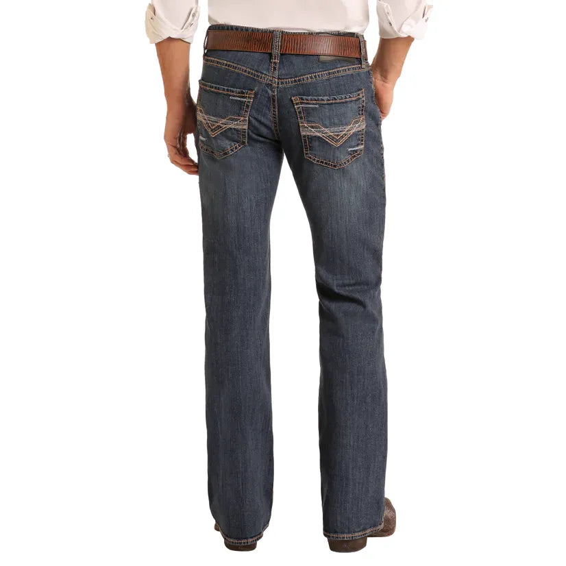 Men's Rock and Roll Denim Regular Fit Dark Wash Ladder Stitch Bootcut Jeans BM0PD05566 - Crazy House Western Wear