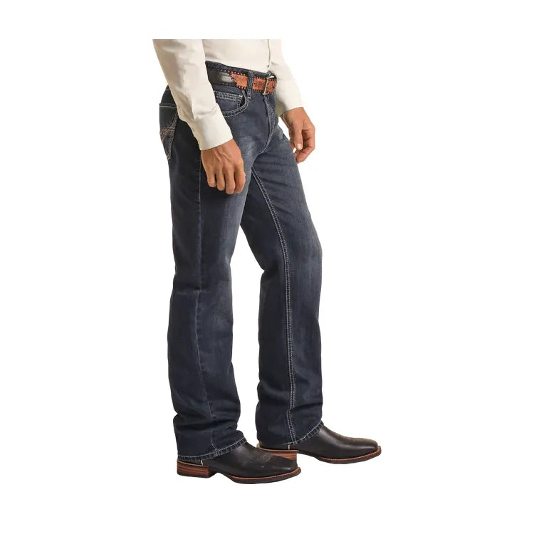 Men's Rock and Roll Denim Raised Denim Embroidered Relaxed Straight Boot Jeans BM0SD03650 - Crazy House Western Wear
