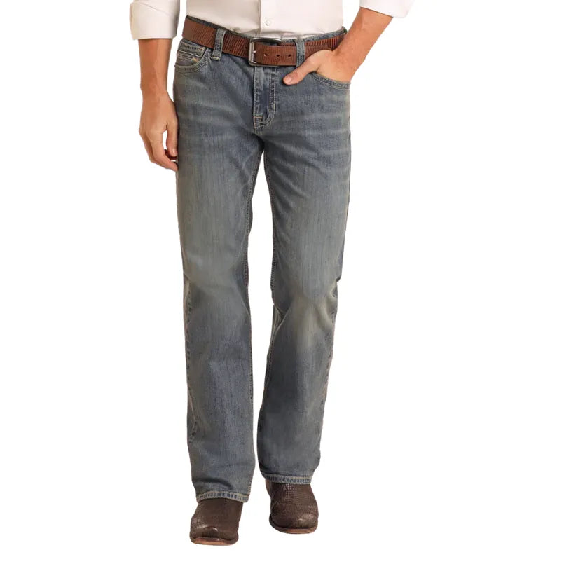 Men's Rock and Roll Denim Relaxed Fit Medium Wash Rope Stitch Straight Leg Jeans BM0SD05558 - Crazy House Western Wear