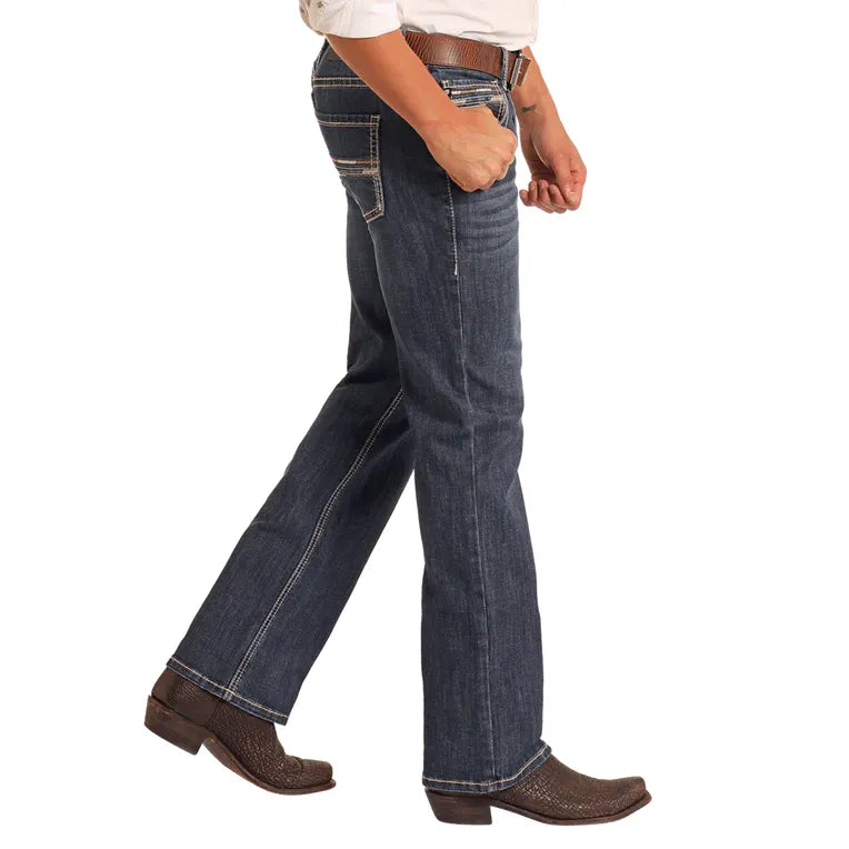 Men's Rock and Roll Denim Regular Fit Dark Wash Two-Tone Stitch Straight Leg Jeans BM1PD05567 - Crazy House Western Wear