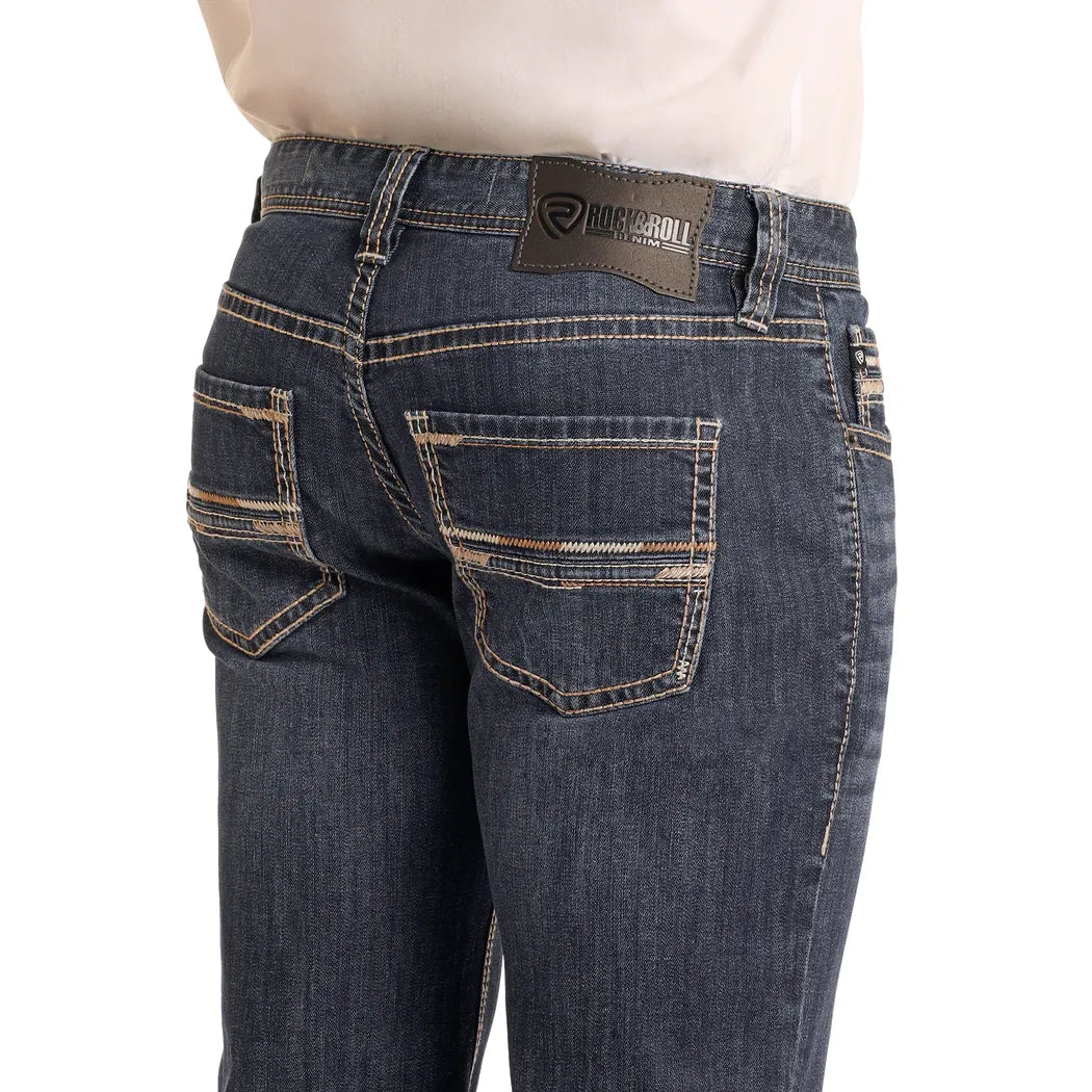 Men's Rock and Roll Denim Regular Fit Dark Wash Two-Tone Stitch Straight Leg Jeans BM1PD05567 - Crazy House Western Wear
