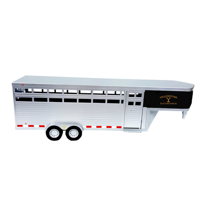 Model of a livestock trailer with a black logo on a white background