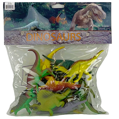 Bag of toy dinosaurs with a clear front, showing various dinosaur models inside.