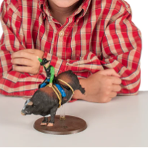 Child wearing a cowboy hat and red plaid shirt with a toy cow on a white background