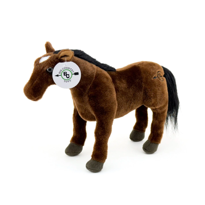 Plush horse toy with a visible brand label on a white background