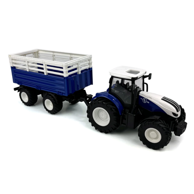Toy tractor with a blue trailer on a white background
