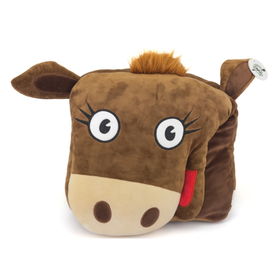 Plush horse-shaped pillow with cartoon face on a white background